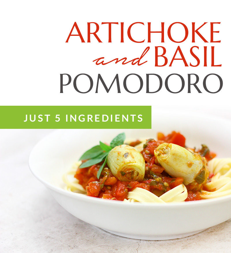 This Artichoke Basil Pomodoro calls for just 5 ingredients and makes the perfect end of summer pasta topper. PALEO | VEGETARIAN | VEGAN