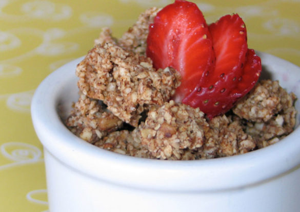 There are no grains in this Grain Free Granola. It's purely nuts! Yogurt dressed with Nutty Nola and berries will leave you satisfied.
