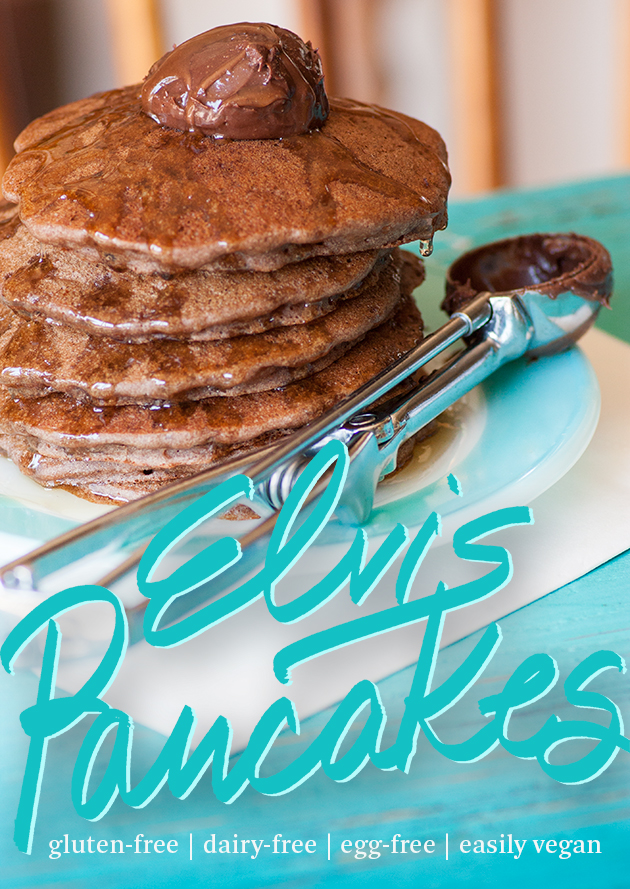 Hubby had left the chocolate peanut butter out on the counter—and there was my inspiration gluten free vegan Elvis pancakes.